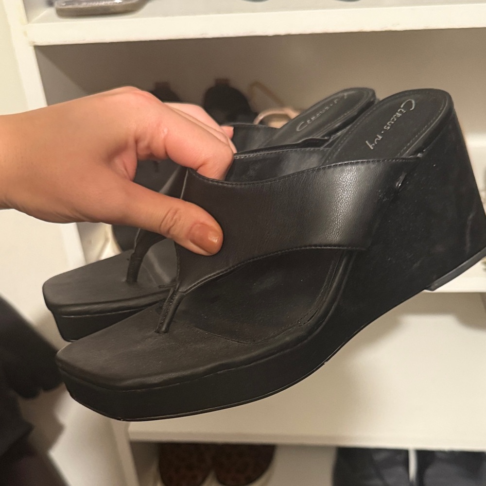 Classy Black Leather Wedge Sandals for Women
